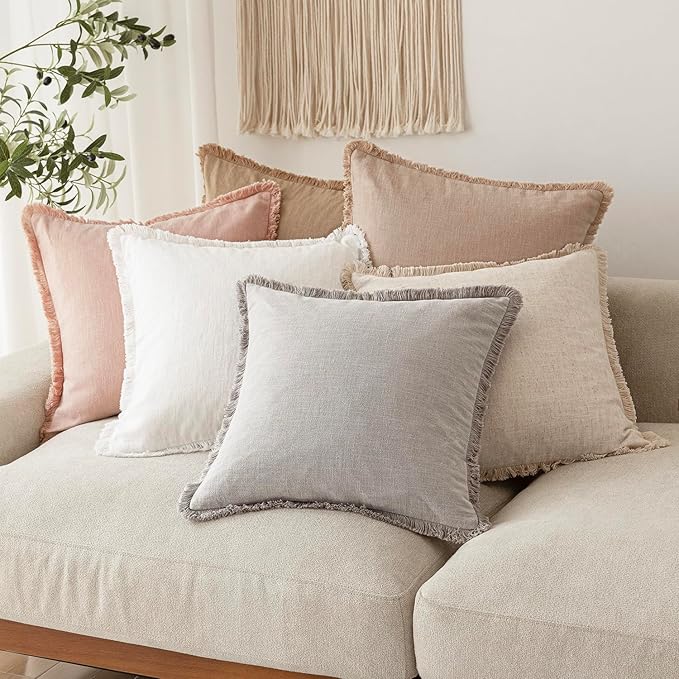 Foindtower Set of 2 Decorative Linen Fringe Throw Pillow Covers Boho Farmhouse Cushion Cover with Tassels Soft Accent Pillowcase for Couch Chair Sofa Bed Living Room Home Decor,20×20 Inch,Light Pink