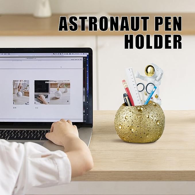 Kimdio Pen Holder, Astronaut Stand for Desk Pencil Holder, Resin Desk Moon Organizer Decorative Accessories Ideal Gift for Office, Classroom, Home - Gold