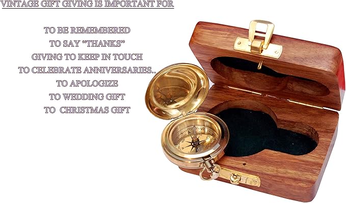 Bazross Brass Nautical Compass with Wooden Case - Antique Brass & Copper Sun Clock for Camping, Hiking, Touring - Engraved Gift for Him - Nautical Clock - Compass Gift