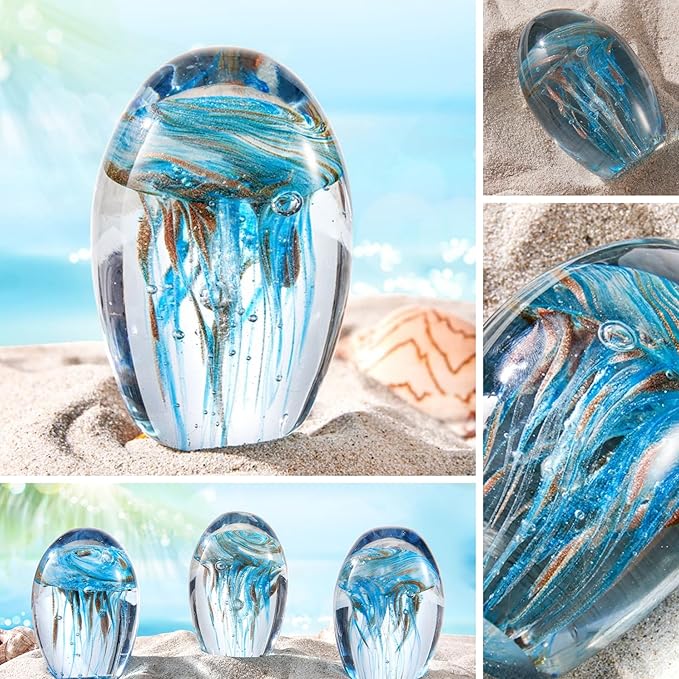 EUSTUMA Hand Blown Glass Jellyfish Figurine Ornament,Sea Animal Ornament for Fish Tank Aquarium,Sea Animals Collection for Birthday Gift,Office Glass Paperweight for Desk.