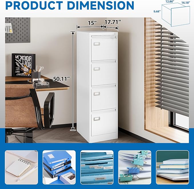 BYNSOE 4 Drawer File Cabinet with Lock Metal Vertical File Storage Cabinet Office Home Steel Vertical File Cabinet for A4 Legal/Letter Size Narrow File Cabinet Locked,Assembly Required