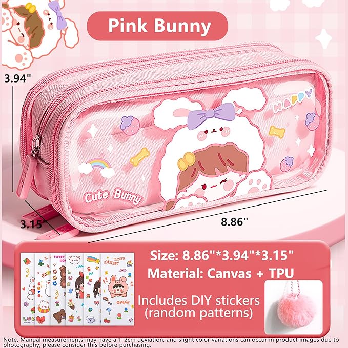 UINSUE Cute Pen case Adorable Bunny Transparent 3-Layer Large Capacity Pencil Case Gadget organizer with Lovely Stickers (Pink-Bunny)