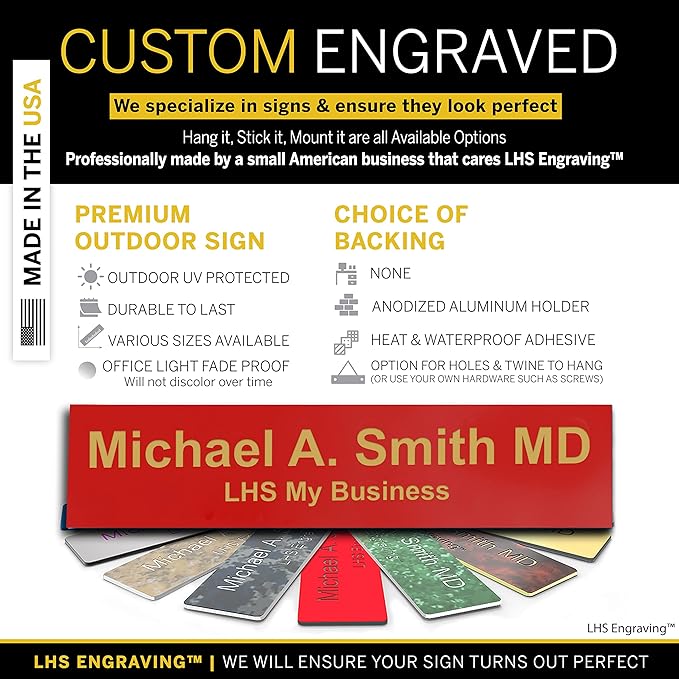 Personalized Name Plate with Choice of Mounting Holders for Walls, Doors, Cubicles, Hanging and More - Custom Red Plastic Gold Letters - USA Made 2x12 B17