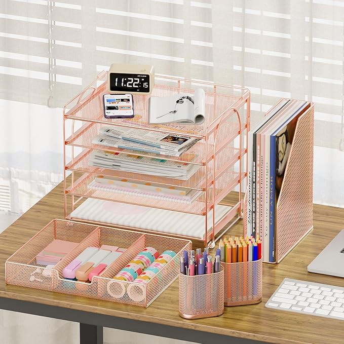 OPNICE Desk Organizer, 5-Tier Paper File Organizer with Drawer & Pen Holder, Office Desk Accessories, Workspace Desktop Organizer for Office Supplies(Rose Gold)