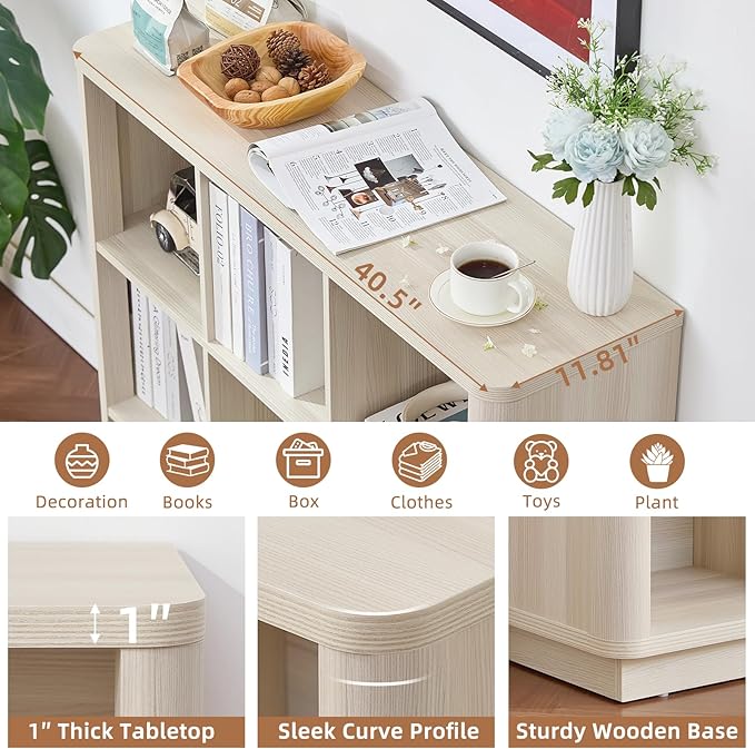 Joaxswe 9 Cube Storage Book Shelf, 41" Tall Organizer Bookcase with Curved Edge, Wood Floor Standing 3-Tier Cubby Bookshelf with Base, Vintage Display Book Case for Bedroom,Office,Grey-White Cream Oak