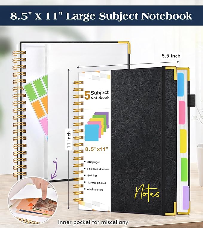 Spiral Notebook Journal with Removable Dividers Tabs, 300 Pages Hardcover Leather 5 Subject College Ruled Notebook, 8.5"x11" Large A4 Lined Journal for Women Men, Spiral Notebook for Work School,Black