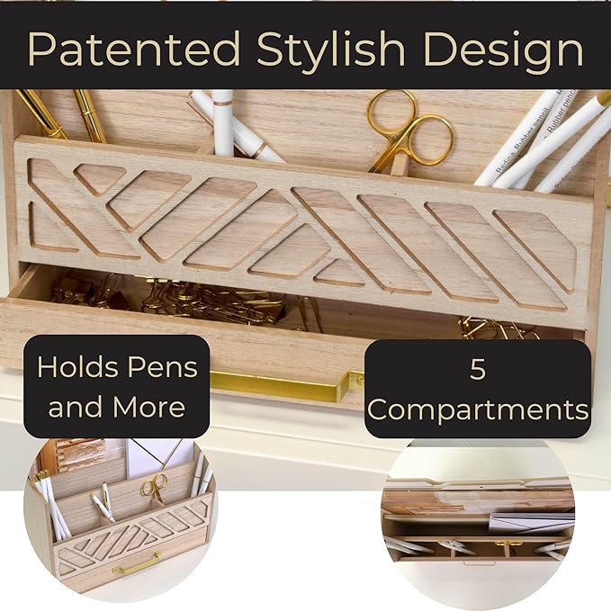 BLU MONACO | Wooden Mail Organizer with Drawer and Gold Handle | Outgoing Mail Holder and Letter Sorter for Desk | Natural Wood Desktop Paper Organizer