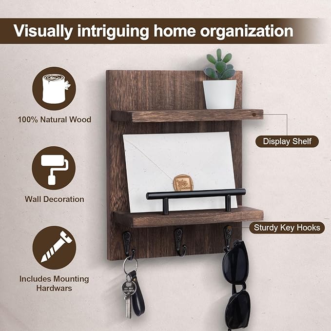 Lucundm Key Holder Wall Mount, Mail Shelf Decor with 3 Key Hooks, Versatile Wood Wall Organizer for Entryway Hallway (8.2” x 10.6”x 3.6”) (Brown)