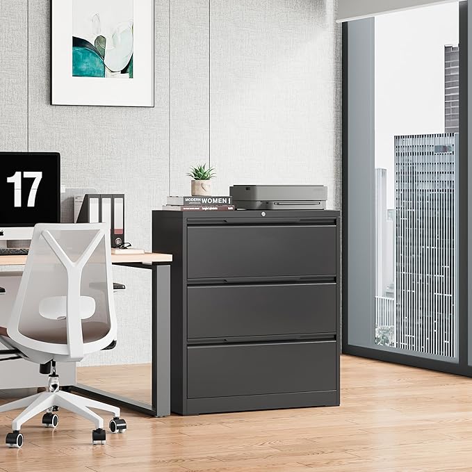 Bestoo 3-Drawer Lateral File Cabinet with Lock, Filing Cabinet for Home Office, Metal File Storage Cabinets, Fits File Folders, Letter/Legal/F4/A4 Sizes, Assembly Required (Black)