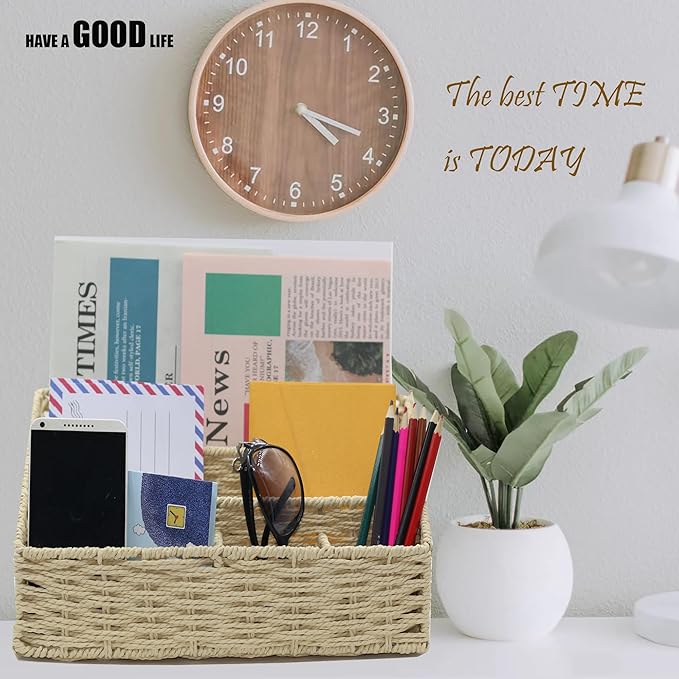 Boershun Rattan Mail Organizer - Countertop, Desk, Bills, Woven Basket, Magazine Holder, Mail Sorter, Hobo Organizer，Beige