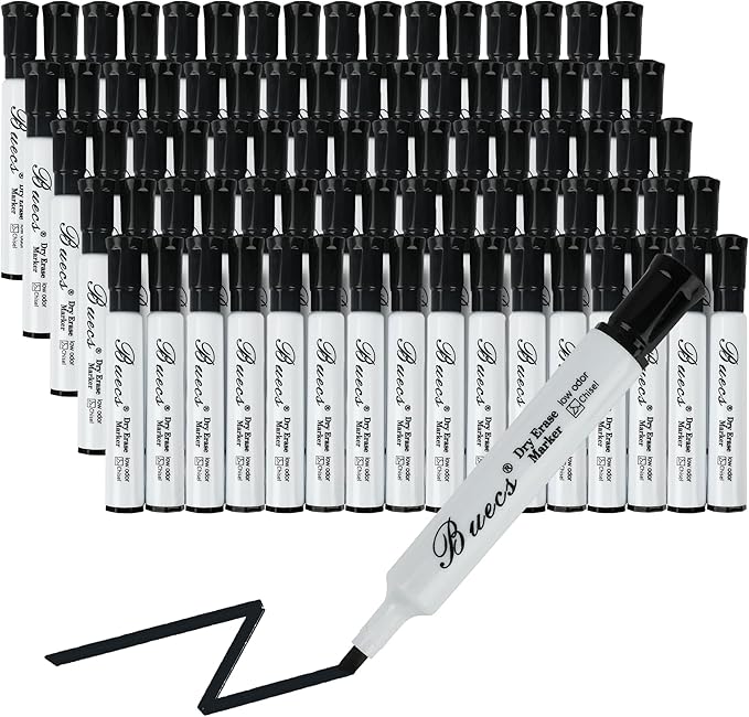 Buecs Black Dry Erase Markers, Low-Odor, 80 Count, Chisel tip, Perfect for Writing on Whiteboards, Dry-Erase Boards, Glass, School Office Supplies
