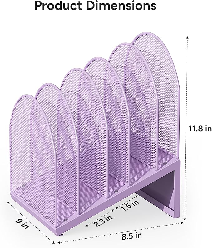 OUTIOE 5-Section Desk File Organizer, Metal Mesh Folder Organizer for Documents, Mail & Office Papers (Purple)