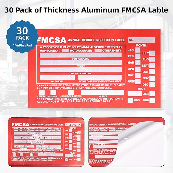 30-Pack Annual Vehicle Inspection Report Form, 3-Ply Carbonless Form and Hardboard, Includes 30-Pk Red FMCSA DOT Permanent Aluminum Adhesive Stickers, DOT Compliant