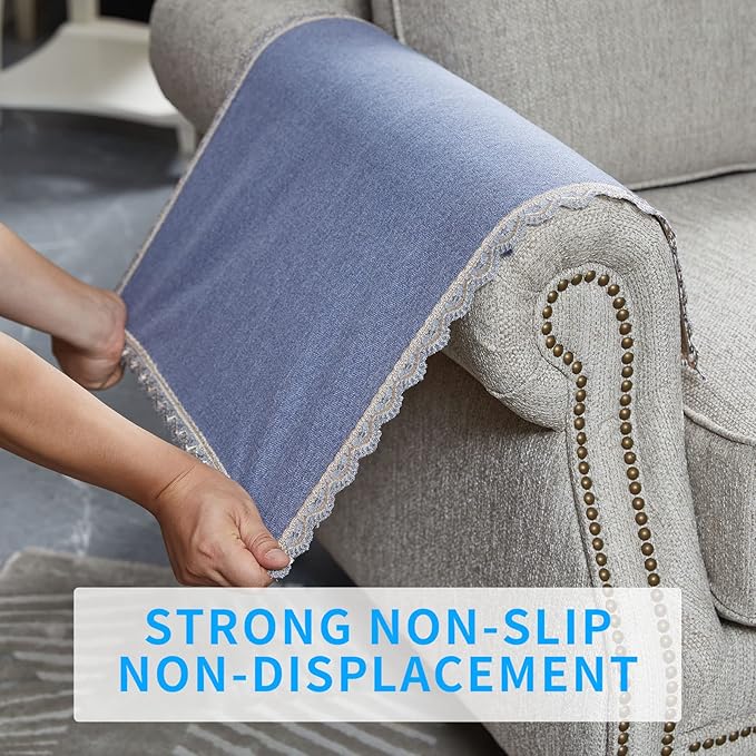 MINJIATEX Couch arm Covers,Non-Slip lace Sofa arm Covers Set of 2 Washable Sofa armrests Covers for Living Room Recliner Chair arm Cover Protectors for Leather Sofa armrest slipcover (JYS-Blue)