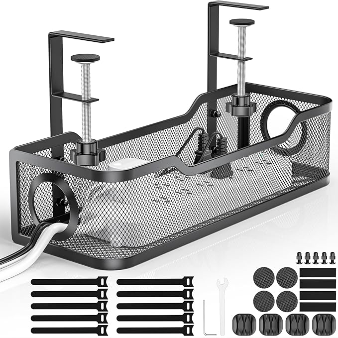 Under Desk Cable Management Tray, GZOKMOG Cord Management with Upgraded Clamp No Drill, Metal Cable Management Box for Home Office, Wire Management for Standing Desk, 1 Pack Black, 13.38 inch