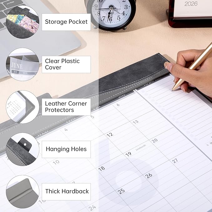 Yoment Desk Calendar 2026, Jan 2026-Dec 2027, 2026 Desk Calendar Large 17 x 12, 2026 Calendar with Plastic Cover, Pockets, to-Do Lists, Desktop Wall Calendar 2026-2027 for Office School Home, Gray