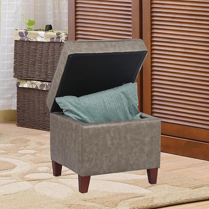 Asense Square Storage Ottoman Faux Leather Upholstered Footrest Footstool with Wooden Legs, Grey