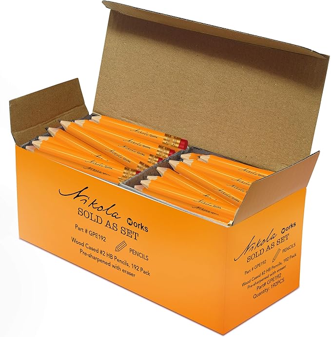 Nikola Works Mini Golf Pencils With Erasers - 192 Count - Classic Pre-Sharpened #2 HB American Pew Pencils Standard Hex Shaped Bulk Pack