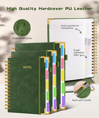 Hardcover Spiral Notebook 8.5"x11" Journal with Removable Dividers Tabs, 300 Pages Leather 5 Subject Notebook College Ruled, Large A4 Notebooks for Work School, Lined Journal for Women, A4 Green
