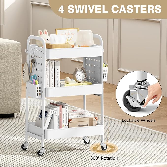 KINGRACK 3 Tier Rolling Cart with DIY Hanging Board, Metal Rolling Utility Cart with Wheels Handles Baskets Hooks, Rolling Storage Cart Suitable for Bathroom, Kitchen, Office, Nursery Diaper (White)