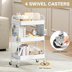 KINGRACK 3 Tier Rolling Cart with DIY Hanging Board, Metal Rolling Utility Cart with Wheels Handles Baskets Hooks, Rolling Storage Cart Suitable for Bathroom, Kitchen, Office, Nursery Diaper (White)