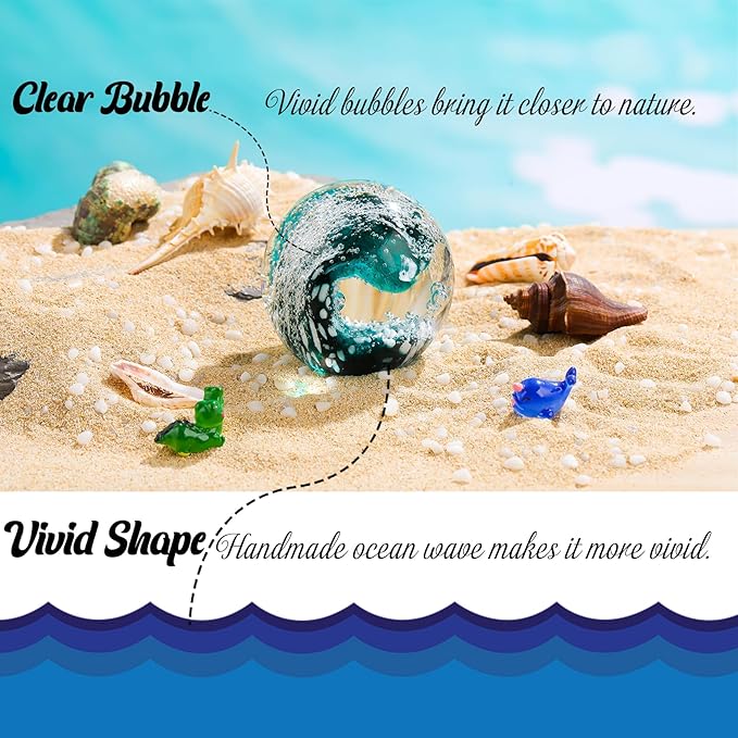 Hand Blown Glass Ball Ocean Waves Paperweight Sea Glass Decor Crystal Bubble Ball for Bedroom Home Office Aquarium (Dark Blue)