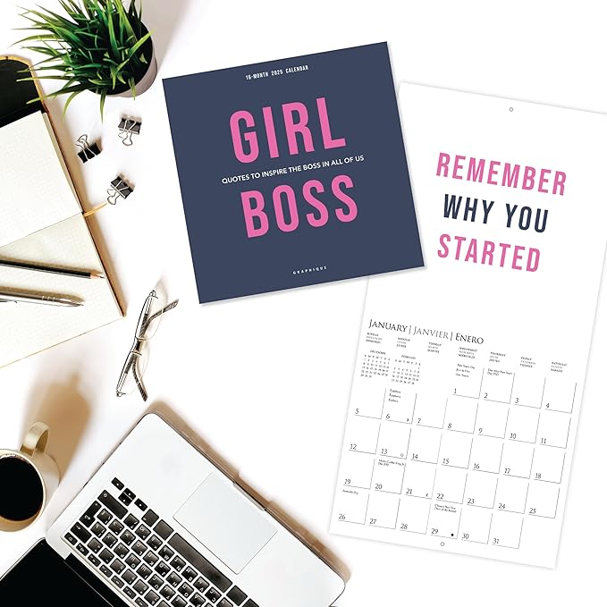 Graphique 2025 Girl Boss Mini Wall Calendar | 7” x 7” | Thick Paper | Home & Office Organizer | Large Monthly Grid | 3 Languages & Marked Holidays | 4 Month Preview Page for 2026