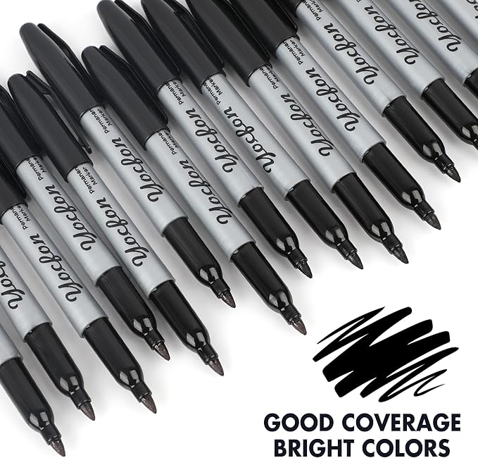 Yocfon Permanent Markers Bulk, 144 Count Black Permanent Markers Set, Fine Tip, Waterproof Markers, Works On Plastic, Wood, Stone And Metal For Doodling, Marking
