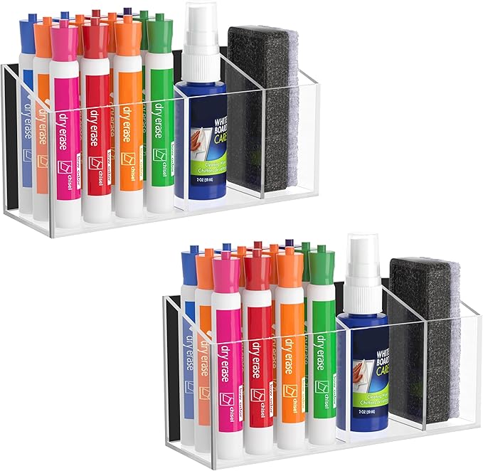 HBlife 2 Pack Magnetic Dry Erase Marker Holder for Whiteboard with 3 Compartments, Acrylic Wall Mount Magnet Pen Holder for Refrigerator, Locker Organizer Accessories for Classroom Office, Clear