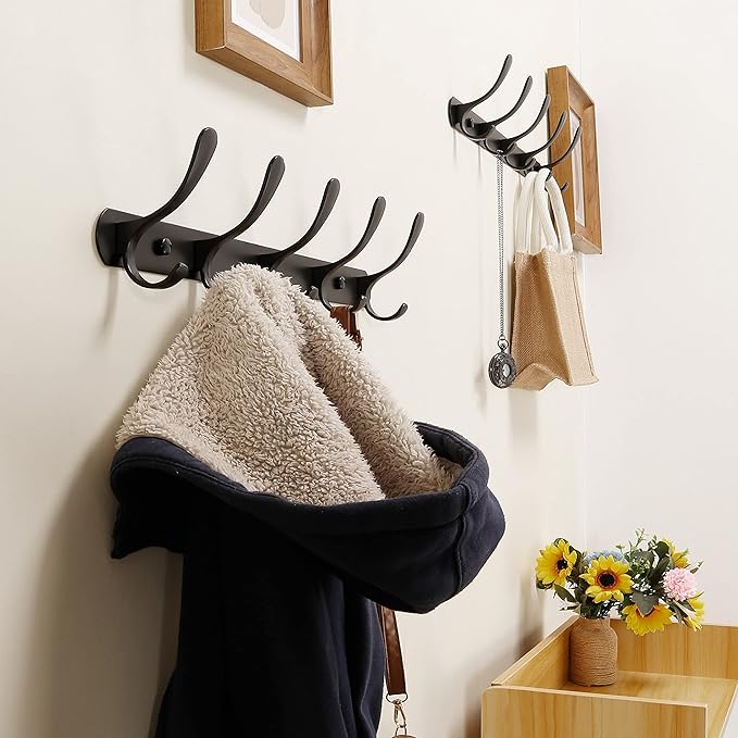 SKOLOO Modern Metal Wall Coat Rack with 5 Hooks, Pack of 2, Sturdy Wall Hook Rack for Hanging Coat, Jacket, Clothes, Hat, Matte Black