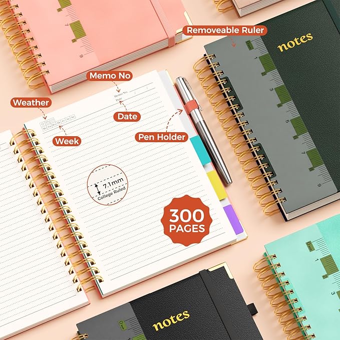 XYark Line Hardcover Spiral Notebook with Removable Dividers Tabs & Ruler, 5 Subject Notebook College Ruled, 300 Page, Large 8"x10" B5 Notebooks for Work School, Lined Journal for Women & Men, Green