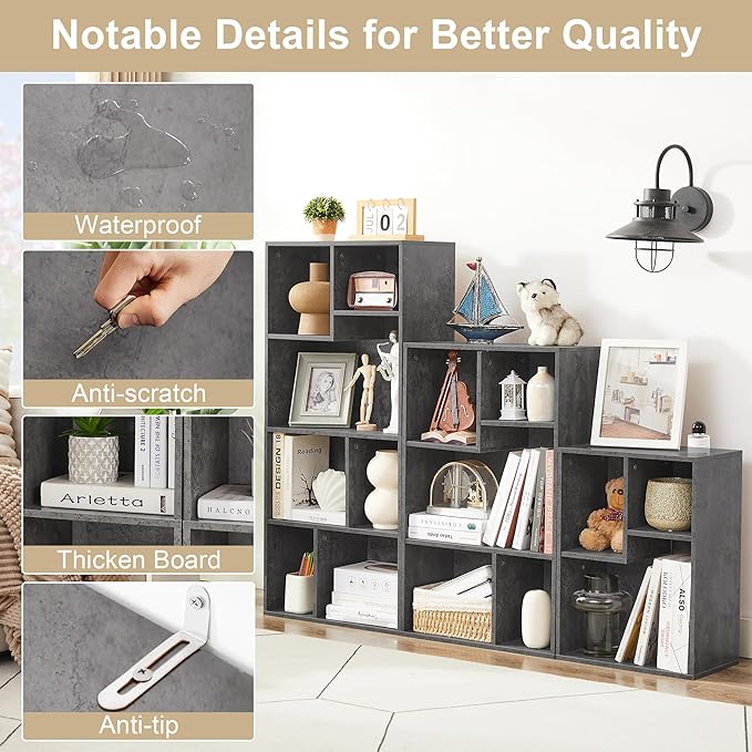 VECELO Wide Bookshelf Set, Fits 9.3" × 10-12.8" Hardcovers, Cube Storage Bookcases, Free-Standing for Living Room, Bedroom, Home Office, 2/3/4-Tier, 3-Pack, Gray