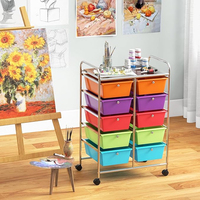 GLACER 10 Drawer Rolling Cart, Storage Cart with Lockable Whieels & Metal Frame, Trolley for Art Craft Oganizer, Mobile Utility Cart for Office, School, Classroom, Kitchen (Rainbow Color)