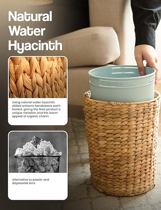 Tidita Set of 2 Wicker Trash Can with Lid - Water Hyacinth Wicker Waste Basket for Bathroom - Bathroom Garbage Can with a Lid - 2 Gallon & 4 Gallon Decorative Rattan Trash Can with Removable Liner