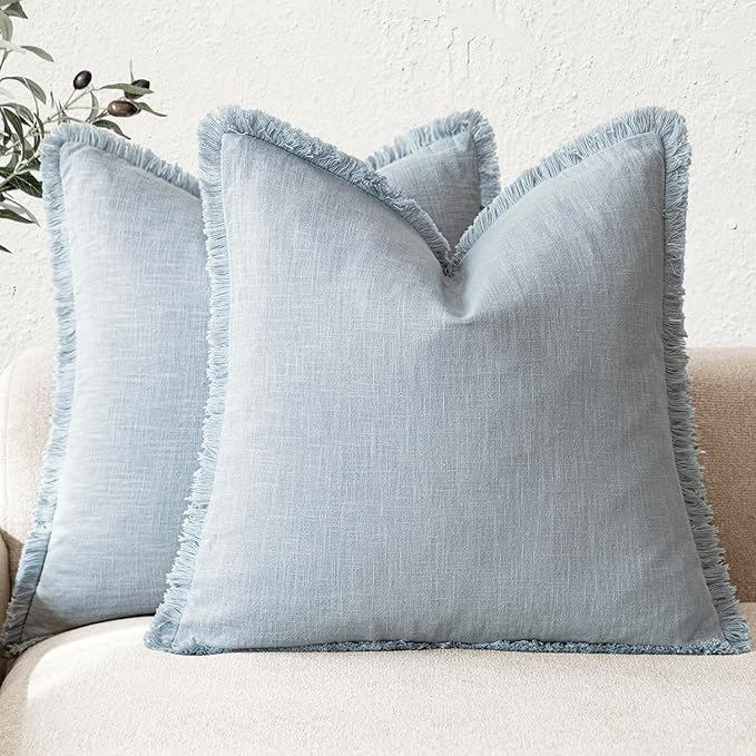 Foindtower Set of 2 Decorative Linen Fringe Throw Pillow Covers Boho Farmhouse Cushion Cover with Tassels Soft Accent Pillowcase for Couch Chair Sofa Bed Living Room Home Decor,24×24 Inch,Sky Blue