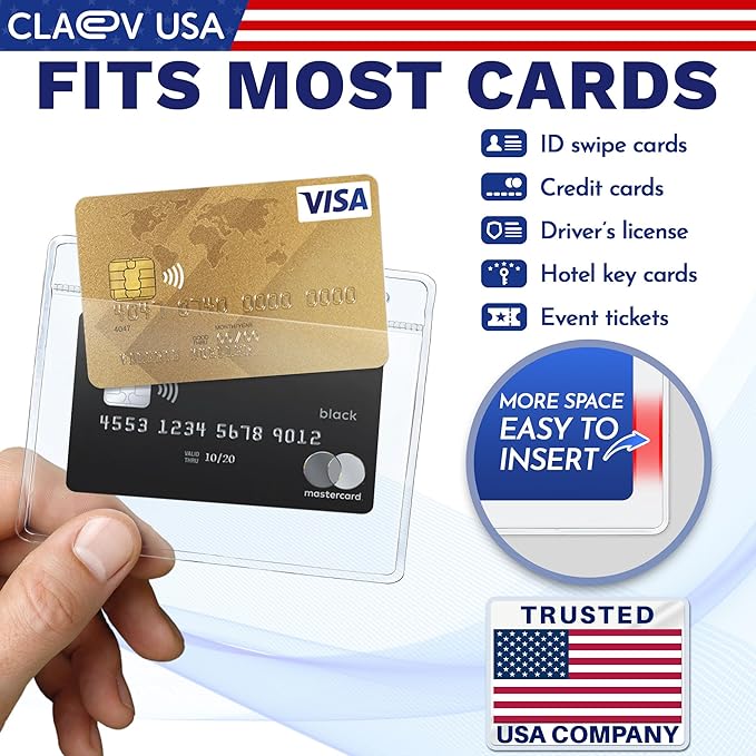 Claev - Horizontal Flexible and Tear Resistant Card Protector - Clear, 4x3 Inch, 100 Pack - Large Easy Open Plastic ID Name Badge Holders for Conferences, Conventions, Offices & Schools