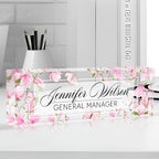 AZUFEMOS Personalized Acrylic Desk Name Plate - Custom Employee Appreciation Gifts - Office Gifts for Women, Men, Boss, Coworkers, Teacher, Nurse (Pink Flower Butterfly)