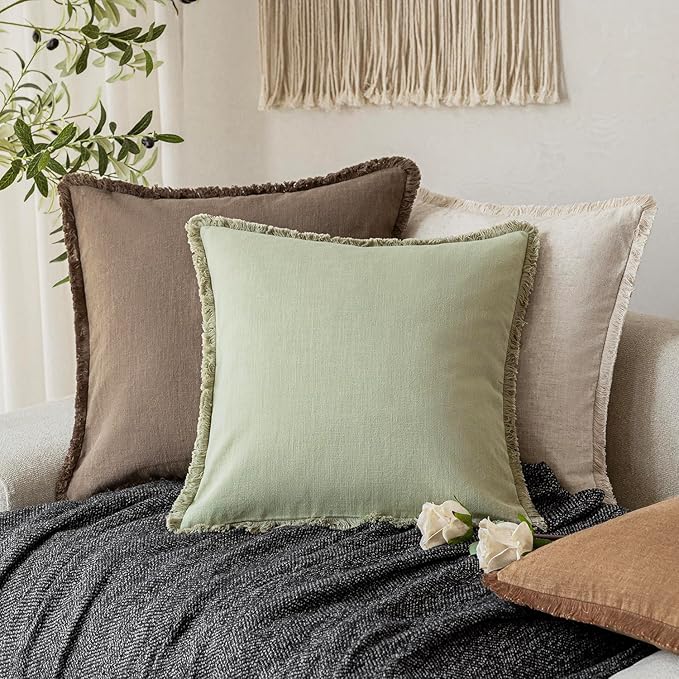 Foindtower Set of 2 Decorative Linen Fringe Throw Pillow Covers Boho Farmhouse Cushion Cover with Tassels Soft Accent Pillowcase for Couch Sofa Bed Living Room Home Decor,18×18 Inch,Light Sage Green