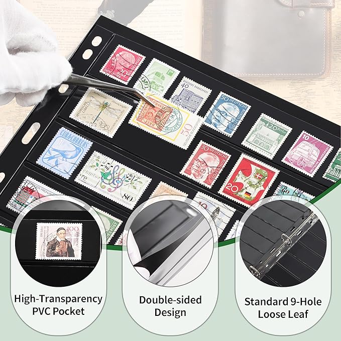 5 Sheets 10 Pages Postage Stamp Album Pages, 7 Pockets 7.7x 1.35in Stamp Collection Inserts, 9 Hole Standard Stamp Collecting Album Sleeves for Stamp Collection Binder IS010710