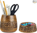 Mie Creations Wooden Desk Organizer Set of 2 Pen Holder, Paper Clip Storage, Office Desktop Table Decor, Floral Rustic Wood Pencil Cup & Paperclips Dispenser, Aesthetic Desk Accessories For Women, Men