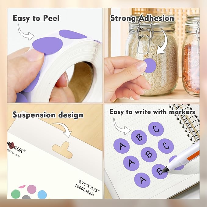 PARLAIM 3/4 Inch Roll Color Coding Labels,4000 per/4 Rolls Round Adhesive Color Coding Circle Dot Stickers for Office Home(Lavender)