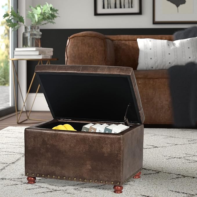 Decent Home 24'' Leather Ottoman with Storage Rectangle Foot Rest Ottomans Stool for Living Room(Brown,Leather Texture)