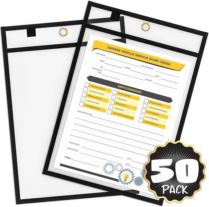 SCRIBBLEDO Job Ticket Holders 9x12 50 Pack Black Dry Erase Plastic Sleeves Heavy Duty Clear Sheet Protectors Waterproof and Tear-Resistant Pockets Ideal for Shop Tickets Work Orders and Classroom Use