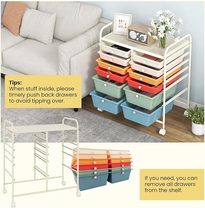 Giantex 12 Drawer Rolling Storage Cart Tools Scrapbook Paper Office School Organizer (Macaron)
