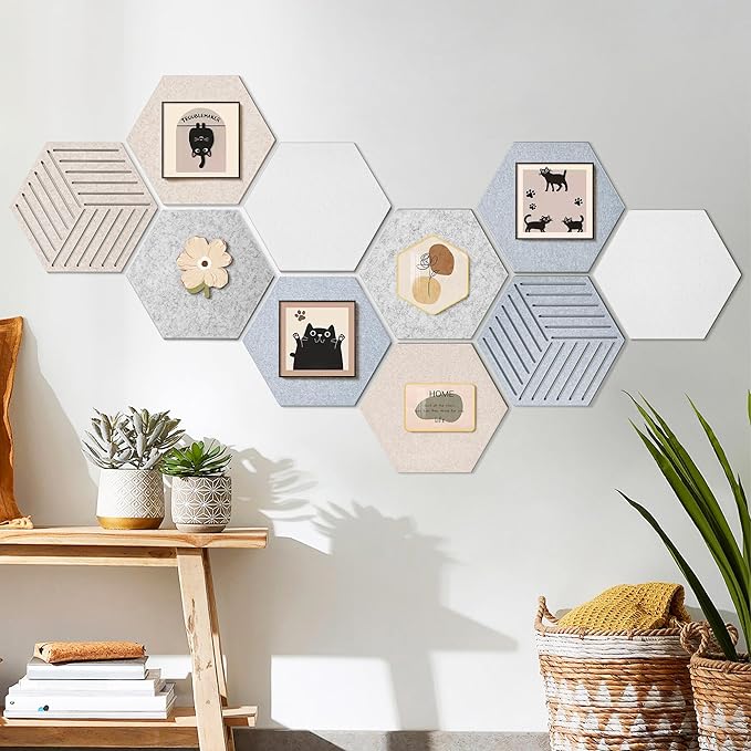 Fwpelt 12'' Medium Hexagon Cork-Bulletin Board Tiles Adhesive 10PCS 12x10 inch Frameless Sticky Corkboard Hex Felt Pin Board for Office-Wall Decor, Removable Hexagonal Tack Pinboard with 30 Pushpins