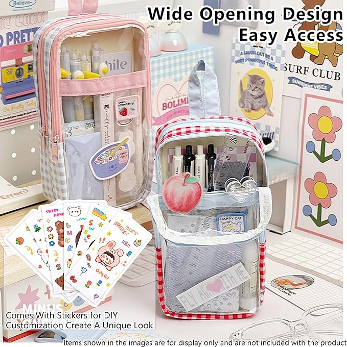 UINSUE Cute Pen case Adorable Bunny Transparent 3-Layer Large Capacity Pencil Case Gadget organizer with Lovely Stickers (Blue Plaid)