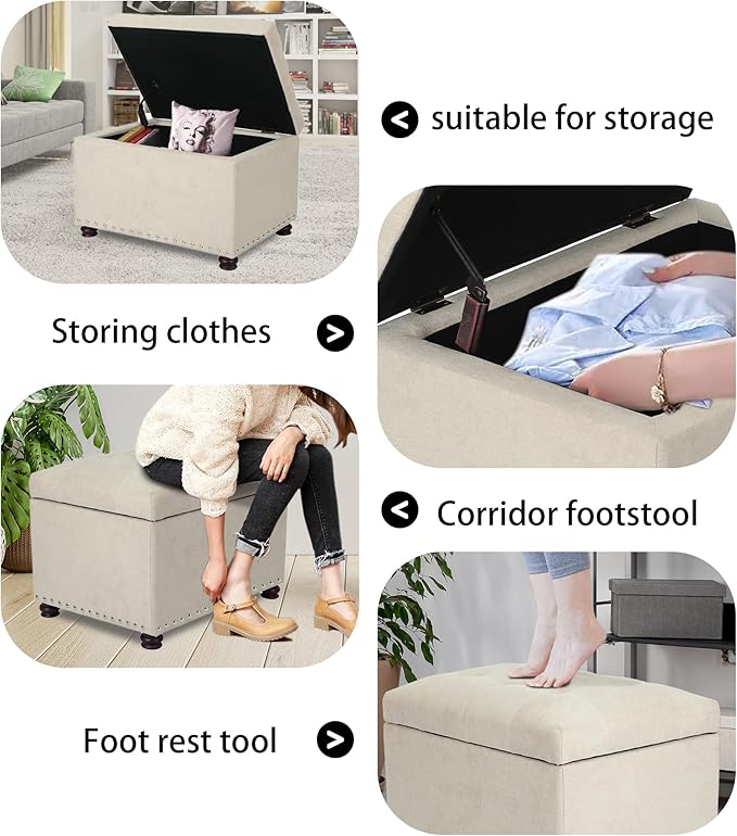 Decent Home 24" Storage Ottoman, Fabric Ottoman Foot Rest Stool with Hinged Lid, Tufted Rectangle Upholstered Footstool, Load Up to 350 lb, for Living Room, Bedroom, Dorm, Beige