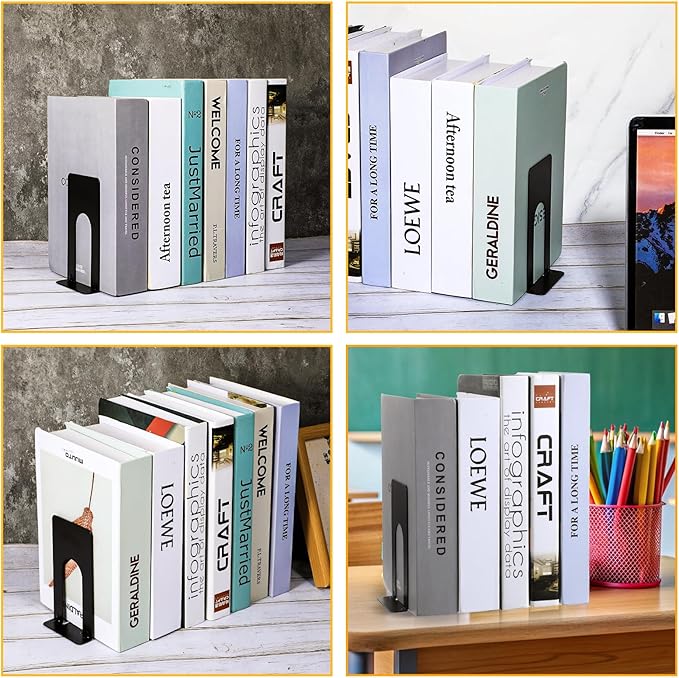 10 Pairs Metal Book Ends for Shelves, Heavy Duty Bookends for Office Home Kitchen Decorative, Nonskid Book Ends to Hold Heavy Books Black