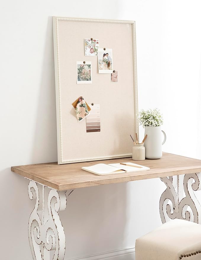 Kate and Laurel Makenna Traditional Linen Fabric Pinboard with Stunning Beaded Frame, 24x36, White