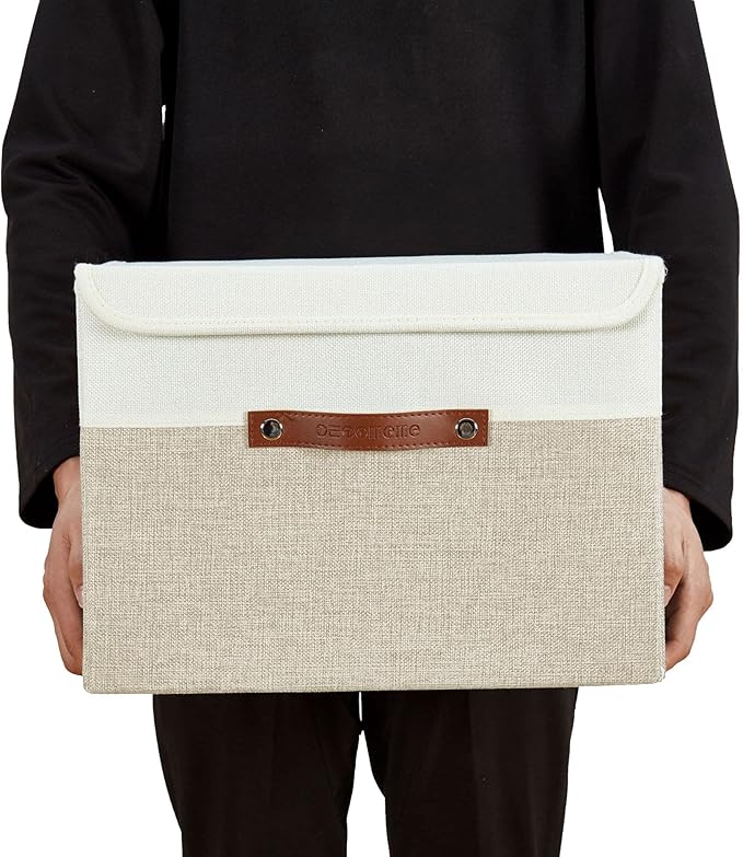DECOMOMO Fabric Storage Bins with Lid, Storage Baskets for Shelves (Beige and White, 3 Pack)